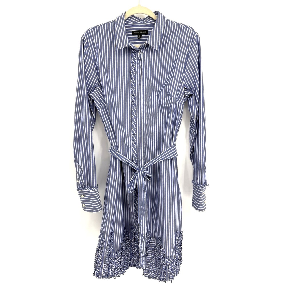 Banana Republic Blue & White Striped Shirt Dress Button-Front Belted LT Nautical